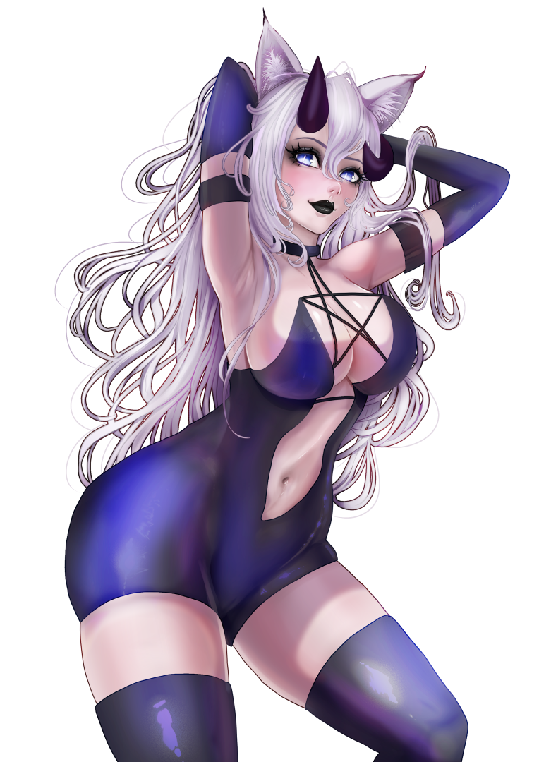 This is an original character, vtuber model of hell-cat demon housewife persona. Beautiful white haired woman with blue eyes, horns, perfect nails holding a stylus from tablet Huion Camvas 22 pro